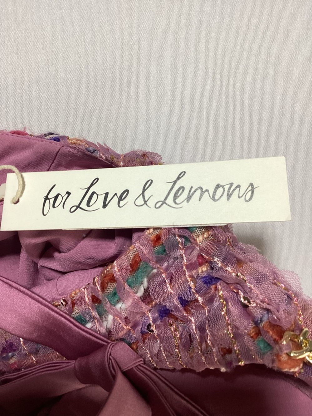 For Love & Lemons Celine Pink Tweed Mini Dress with Gold Chain Straps - Picture 10 of 14